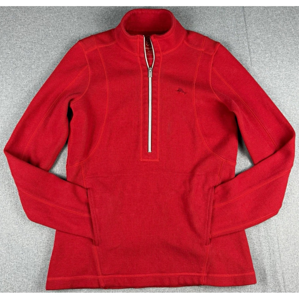 Tommy Bahama Womens XS Red 1/4 Zip Pullover Sweater Marlin Logo Cotton